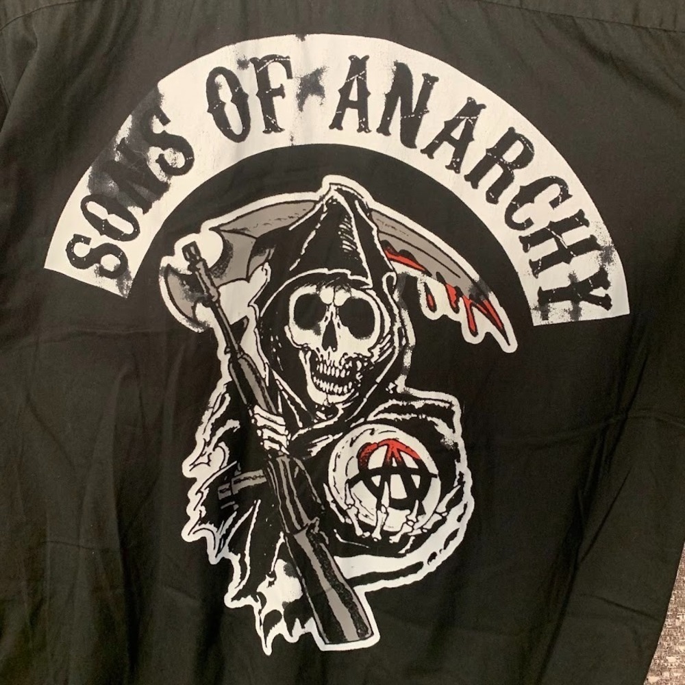 Sons of Anarchy Black Button Up Shirt Short Sleeve Biker Reaper Patch Men's XL - Picture 7 of 8